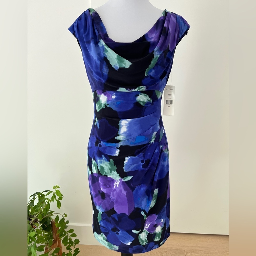 LAUREN RALPH LAUREN Lined Dress Cap Sleeve Draped Neck Ruching Stretch NWT Chic